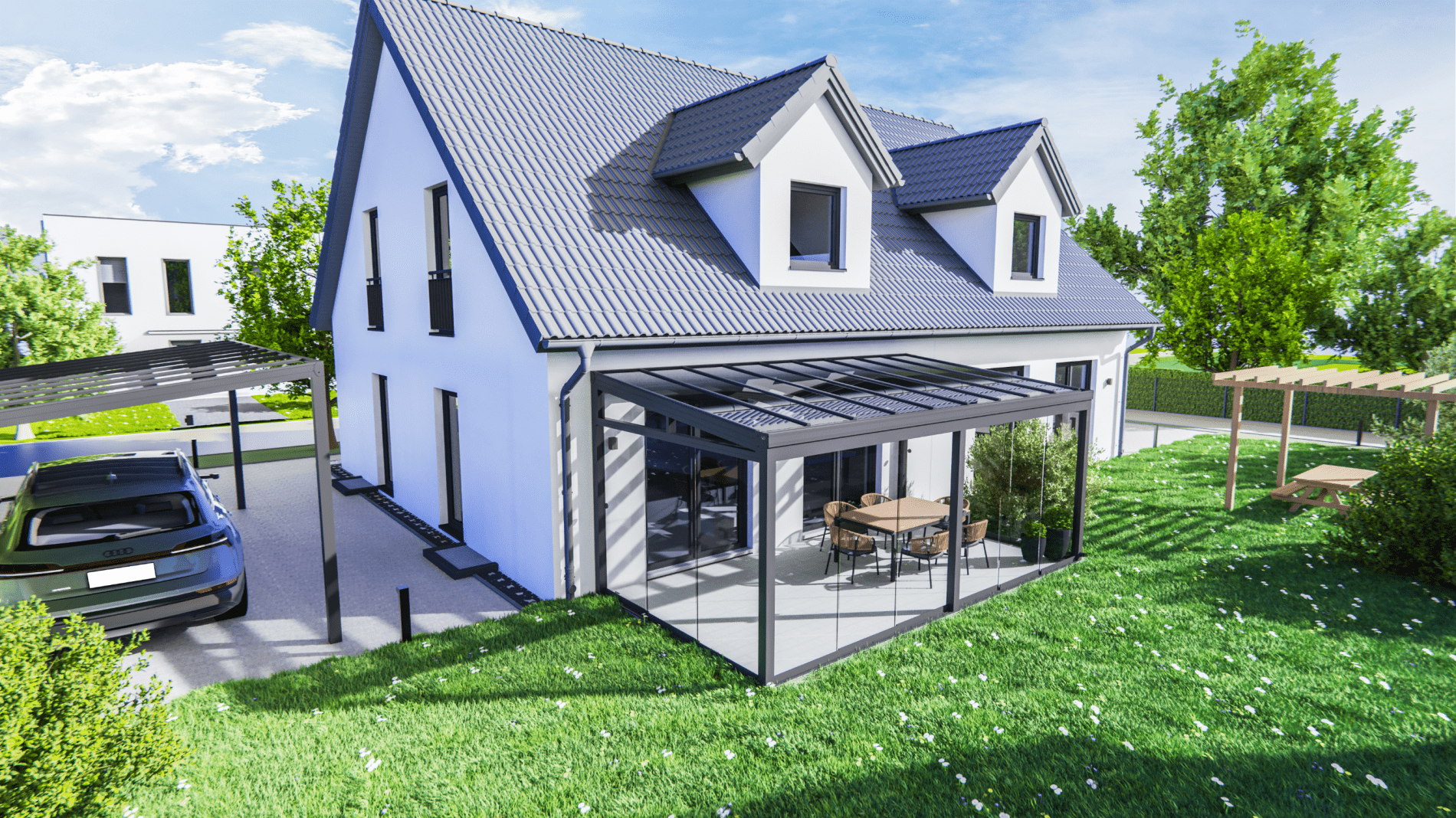 Kaltwintergarten Aluminium mit Glasfront am Einfamilienhaus