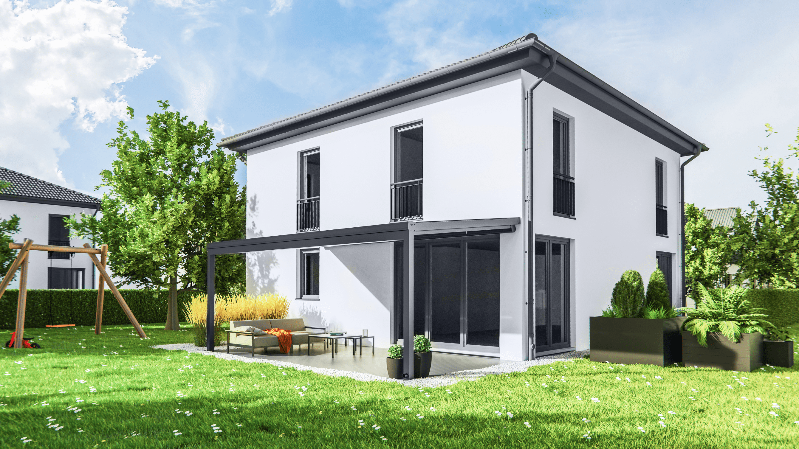 Terrassenüberdachung aus Aluminium in Anthrazit mit Glasdach am Einfamilienhaus