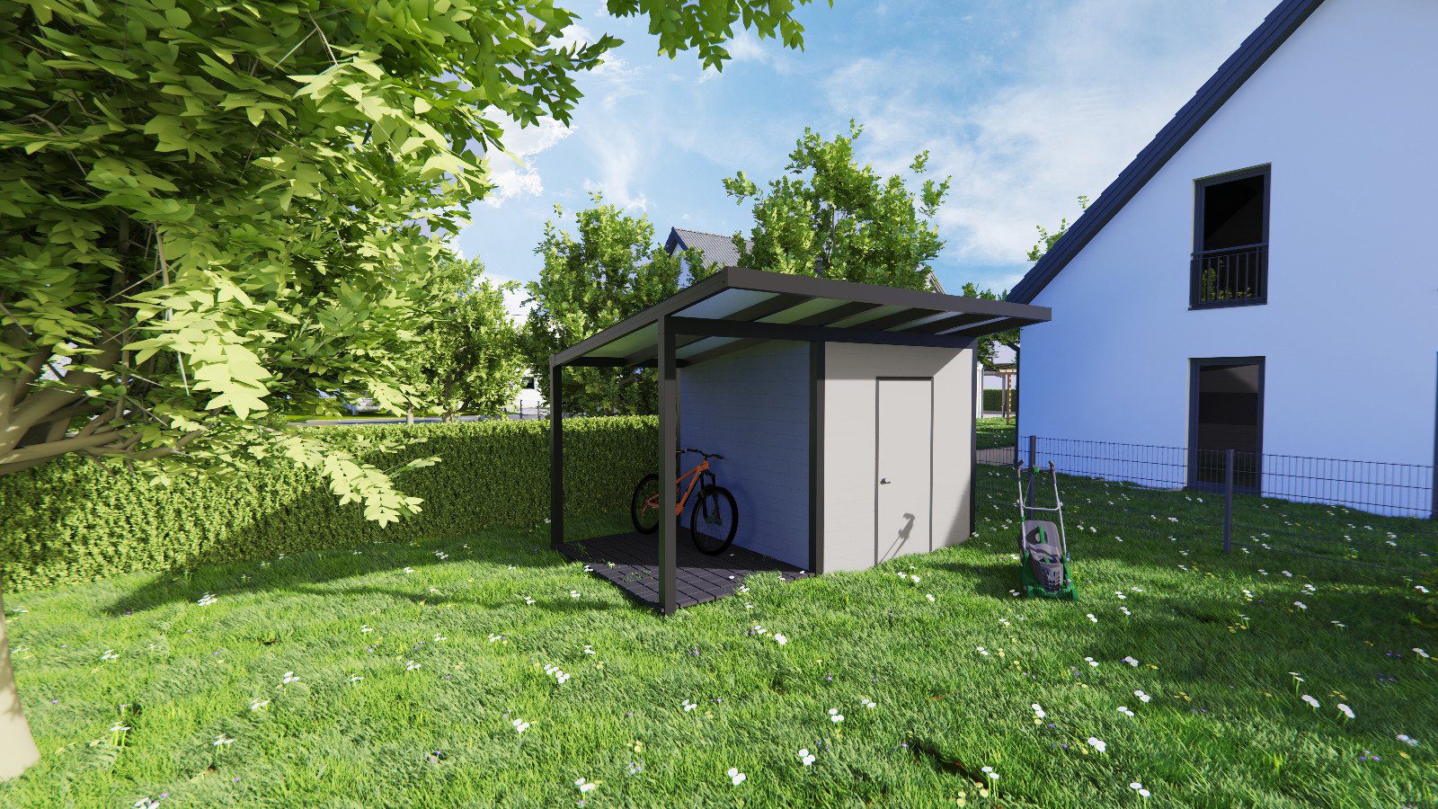 Gartenhaus Aluminium in Anthrazit im Garten